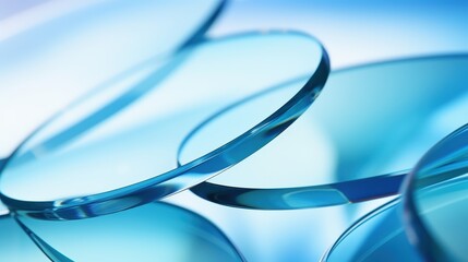 Close-Up of Transparent Glass Circles in Soft Blue Light Creating an Abstract and Modern Background for Design and Creativity Curve glass with light illuminated