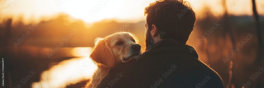 Poster golden retriever and owner enjoying sunset by the water during autumn generative ai