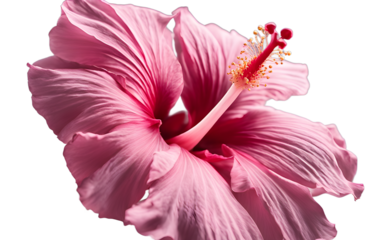 A blooming pink hibiscus with large petals, isolated on a empty plain background