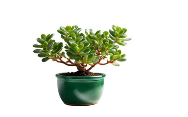 A bright green jade plant with rounded, fleshy leaves, isolated on a empty plain background