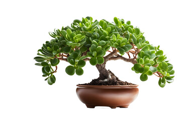 A bright green jade plant with rounded, fleshy leaves, isolated on a empty plain background
