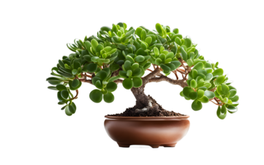 A bright green jade plant with rounded, fleshy leaves, isolated on a empty plain background