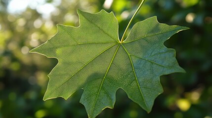 Closeup of a green leaf with sunlight reflecting