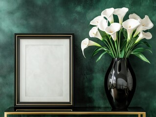 Elegant interior design with dark green velvet background and calla lily vase decoration