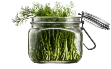 A bunch of fresh dill herbs in a mason jar, isolated on a empty plain background