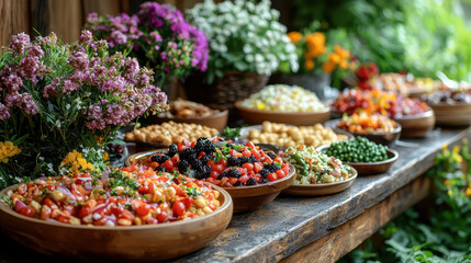 beautifully arranged dinner table with variety of colorful salads and fresh ingredients, set outdoors surrounded by lush greenery and vibrant flowers, creating festive atmosphere