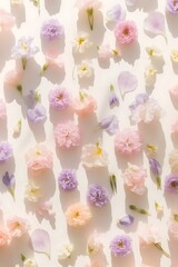 Beautiful spring flowers on white background flat lay top view