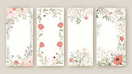 Set of wedding cards with pastel color floral designs and decorative elements, flat vector illustration. Hand drawn floral borders for invitation card design template. 