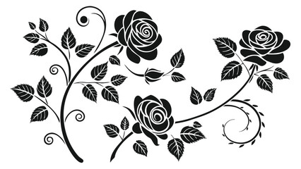 Elegant Rose Silhouette Collection – Black and White Floral Ornament with Swirling Vines, Leaves, and Decorative Botanical Elements
