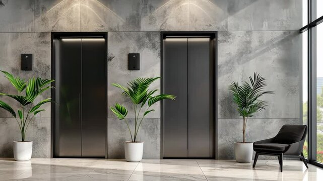 A stylish lobby showcases sleek elevators next to potted plants in a contemporary setting, creating a welcoming atmosphere