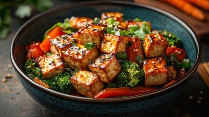 Fototapeta premium a delicious and healthy stir fry dish featuring tofu broccoli bell peppers and carrots served in a vibrant blue ceramic bowl
