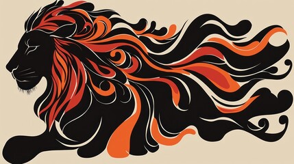 A stylized black lion with flowing red and orange mane