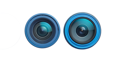 Three Different Blue Camera Lenses on White, Photography Equipment, Professional Camera Lenses, Cut Out