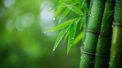 Fresh green bamboo stalks and leaves with water droplets are visible