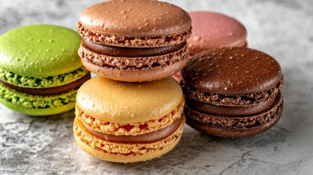 Colorful macarons stacked elegantly on a textured surface, showcasing a variety of flavors and hues