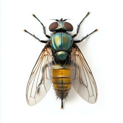 Detailed view of a colorful fly resting on a light surface under bright lighting conditions