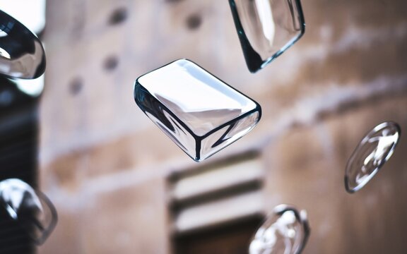 Glass shards floating in urban scene