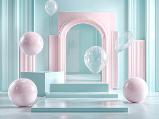 Elegant Pastel 3D Interior with Floating Spheres and Balloons