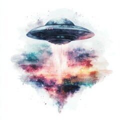 Colorful depiction of a UFO hovering over a vibrant cosmic landscape during nighttime