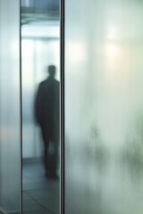 Fototapeta premium Silhouette of a person walking through a frosted glass corridor in a modern office setting