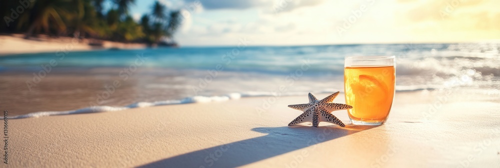 Poster refreshing drink beside starfish on serene beach during sunset with gentle waves and warm colors gen