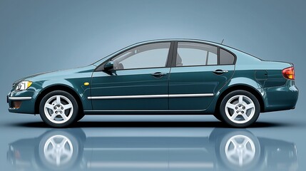 Sleek teal sedan parked on a reflective surface with a minimalist backdrop