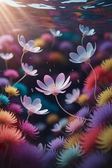 Fototapeta premium Levitating beautiful flowers under water on bright background colorful flower background