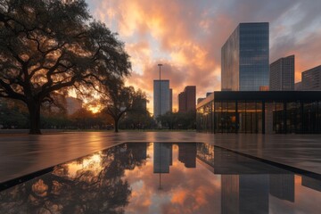 Fototapeta premium The image captures a picturesque park landscape at sunset, with vibrant reflections on pathways and stunning architectural structures, providing a calming city escape.