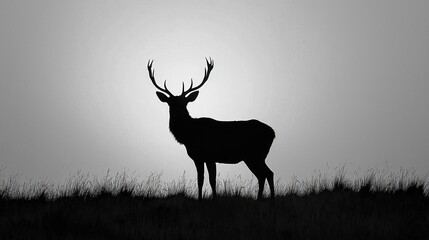Silhouette of a large antlered deer standing on grassy terrain