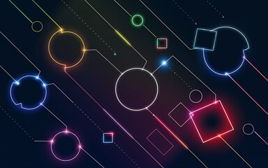 Colorful geometric shapes on circuit board background