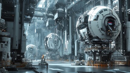 Fototapeta premium Futuristic city worker amidst towering spheres, complex machinery