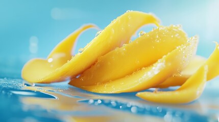 Mango peeled and sliced on soft blue background, tropical and bright, glowing and smooth, ultra-detailed, 4k