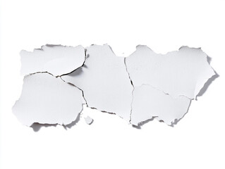 Flakes of peeled white wall paint photographed in a studio setting, isolated on white background