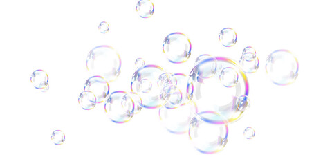 Transparent bubbles with iridescent hues drift in the air on a white background. The light reflections give them a dreamy, magical appearance, perfect for backgrounds or designs.