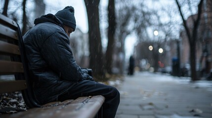 Solitary person sitting on park bench with head bowed, surrounded by barren trees and overcast sky, symbolizing isolation and emotional struggle. Concept of loneliness and mental health.