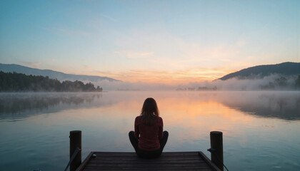 Fototapeta premium Woman sitting on dock watching sunrise over calm lake, feelings, emotions, relationships, psychotherapy, abuse, surprise, anger, irritation, rage, fear, psychological trauma