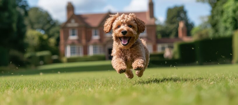A happy cockapoo puppy running on grass