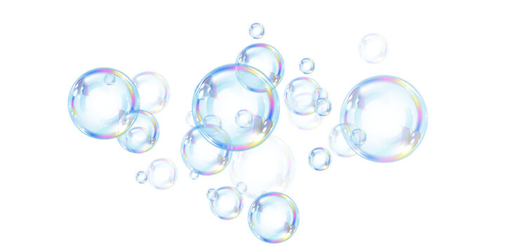A cluster of realistic, colorful soap bubbles floats gently, showcasing light refractions and reflections. The smooth, transparent spheres create an airy, delicate aesthetic.