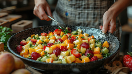 person prepares vibrant fruit salad with strawberries, mangoes, and herbs in rustic kitchen setting. colorful dish is served in large black bowl, creating fresh and appetizing scene
