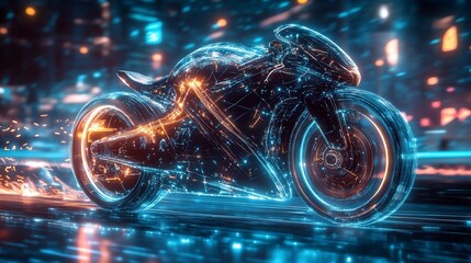 Futuristic motorcycle speeding, city night, digital lines, advert