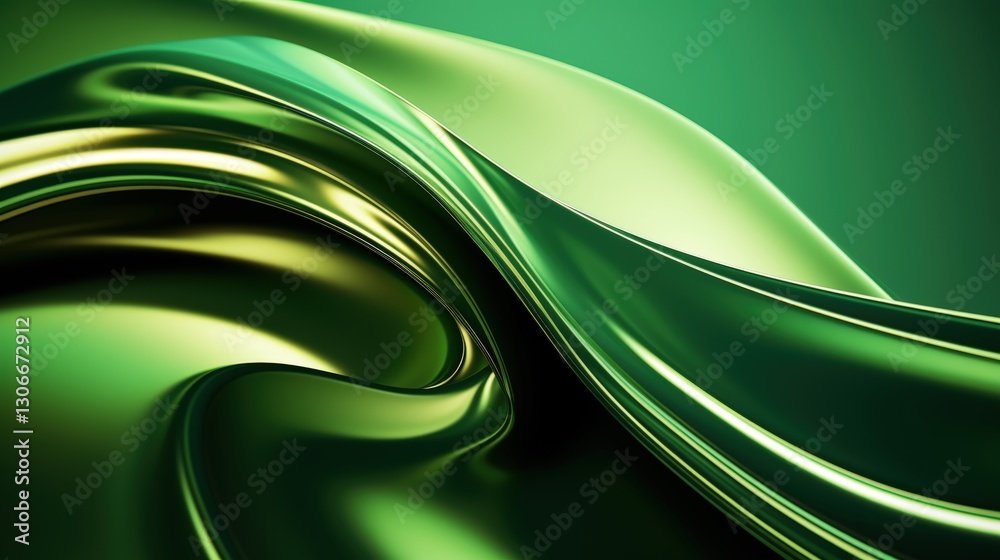Poster abstract green 3d render of flowing metallic waves with smooth textures and glossy surfaces for visu