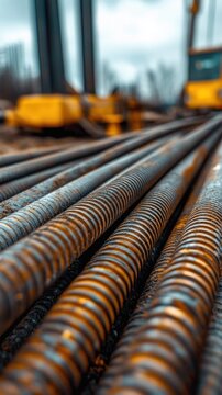 A close-up of steel rods and welding equipment at a construction zone