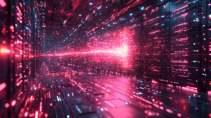 Obraz premium futuristic digital corridor with glowing red lights and data streams, representing cybersecurity threats and data transfer. scene is dynamic and immersive, illustrating complexity of digital
