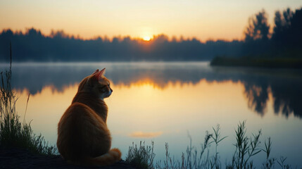 A serene orange cat gazes at a tranquil lake during a beautiful sunrise.