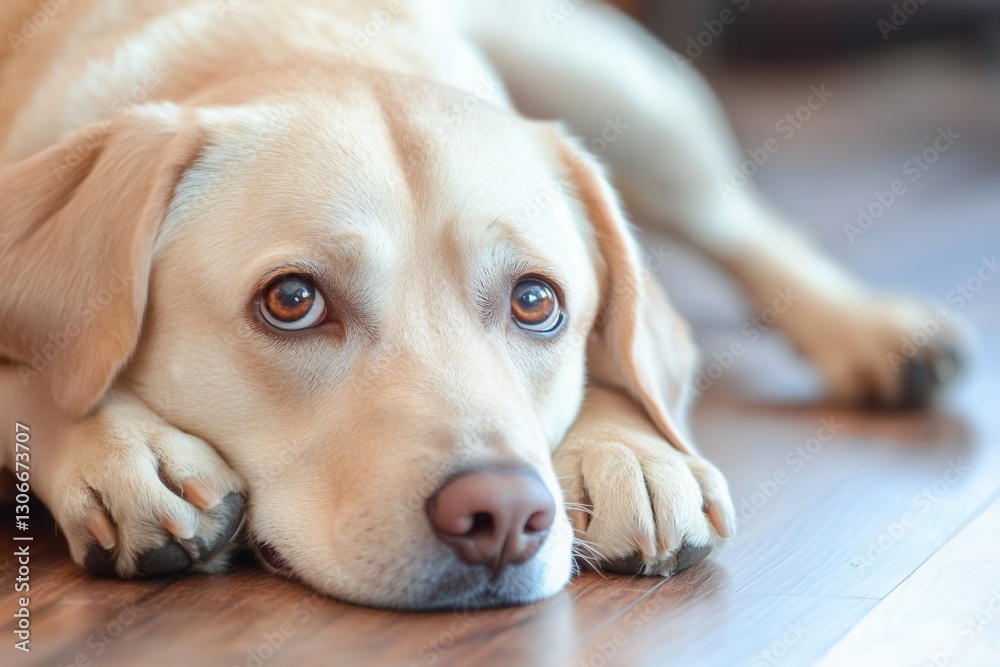 Poster close up view of a bored labrador resting on wooden floor in indoor setting, showcasing its expressi
