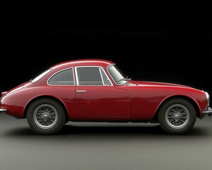 Obraz premium A sleek, vibrant red sports car gleams under soft lighting, showcasing its aerodynamic curves and shiny finish, set against a dramatic black background that enhances its striking appearance.