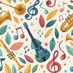 Obraz premium Seamless Music Patterns Artistic Design Digital Illustration Creative Space Top View