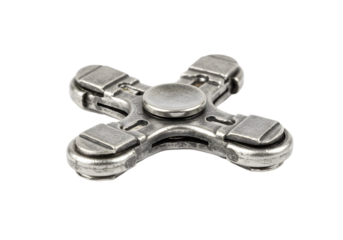 Close-up View of a Metallic Fidget Spinner on a White Background with Shadows and Reflective Surfaces Highlighted