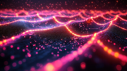 vibrant digital landscape with glowing neon waves and particles, creating futuristic and dynamic visual effect. image showcases blend of technology and art, with bright colors and intricate