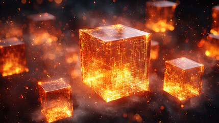 Glowing digital cubes floating in dark space, representing blockchain technology and digital networks. fiery appearance suggests energy and innovation in digital ledger concept